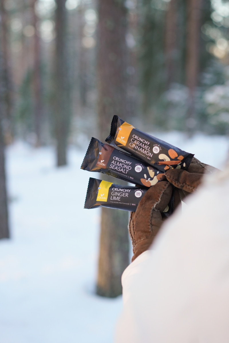 Crunchy Collagen protein bar, välipalapatukka, terveellinen välipala, pähkinäpatukka, kollageeniproteiinipatukka