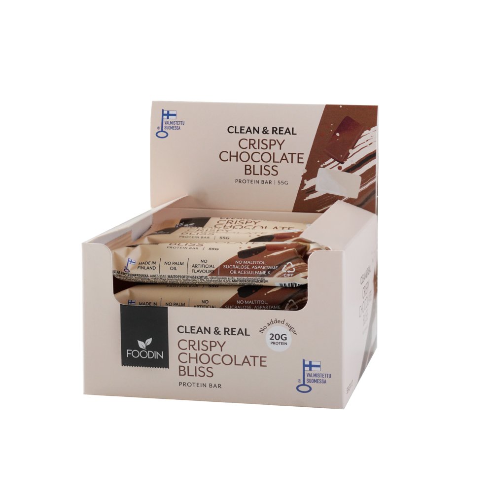 Clean & Real Protein Bar Crispy Chocolate Bliss, proteiinipatukka, patukka, välipala, terveellinen herkku
